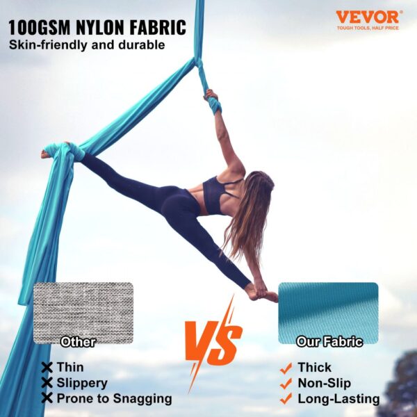 VEVOR aerial yoga hammock in use, showcasing durable, skin-friendly 100gsm nylon fabric for aerial exercises.