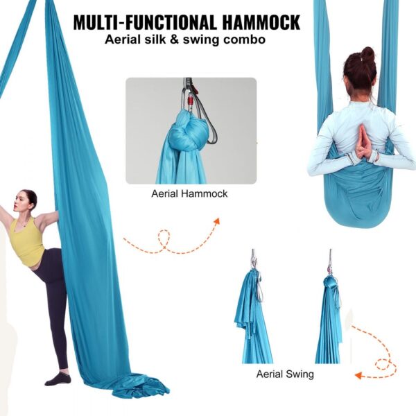 person practicing aerial yoga with VEVOR aerial yoga hammock in blue, showcasing aerial hammock and swing.