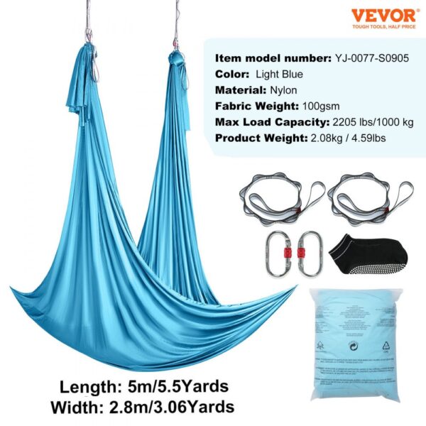 VEVOR aerial yoga hammock, light blue nylon, with carabiners, straps, and carry bag. length: 5m, width: 2.8m.