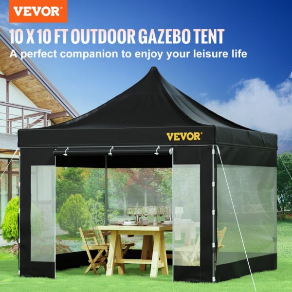 VEVOR pop up canopy tent, 10x10 ft outdoor gazebo, black, with mesh walls, garden setting background.