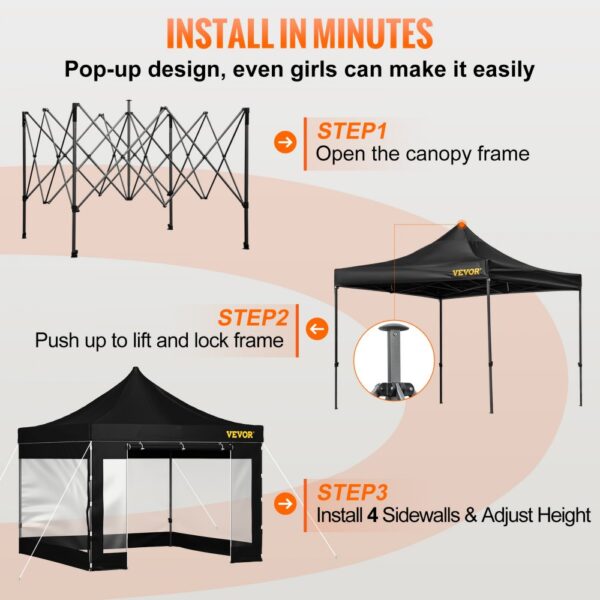 VEVOR pop up canopy tent setup steps: open frame, lift and lock, install sidewalls. easy assembly.