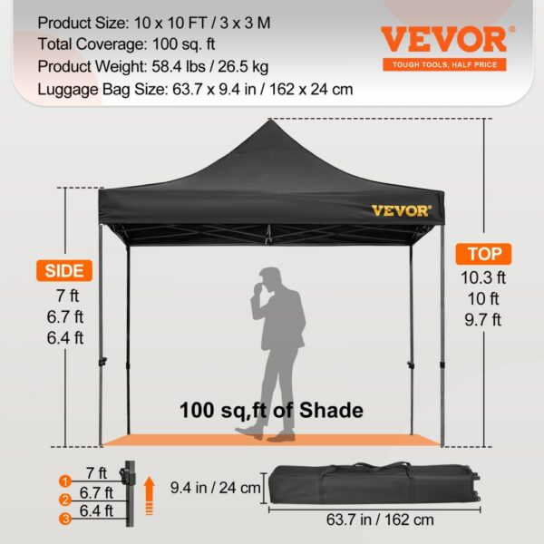 VEVOR pop up canopy tent with adjustable heights, 100 sq ft shade, includes carrying bag.