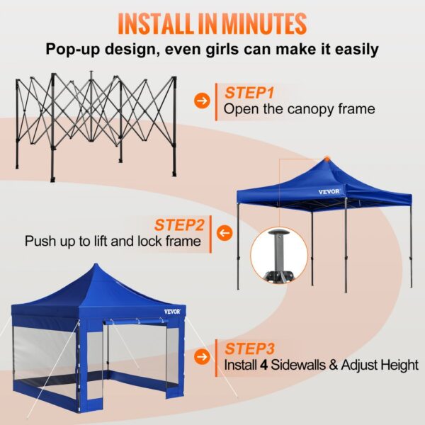 VEVOR pop up canopy tent setup in three steps: open frame, lift and lock, install sidewalls and adjust height.