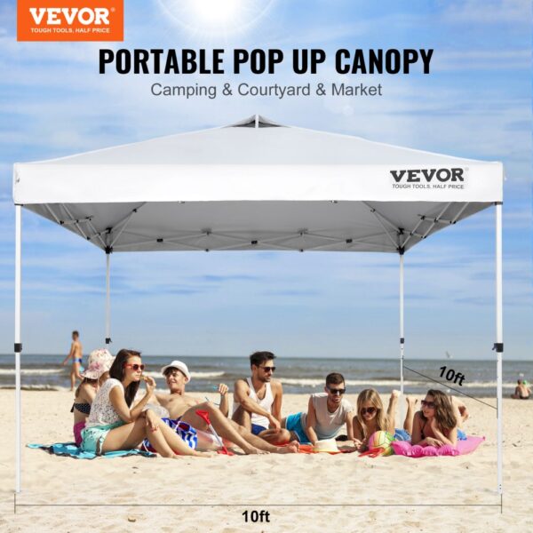 VEVOR pop up canopy tent on beach with group of people relaxing under the 10ft x 10ft sunshade.