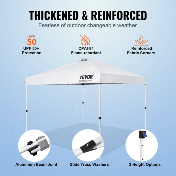 white VEVOR pop up canopy tent with upf 50+ protection, flame-retardant, and reinforced fabric corners.