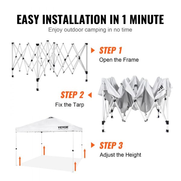 easy installation of VEVOR pop up canopy tent in 3 steps: open frame, fix tarp, and adjust height.