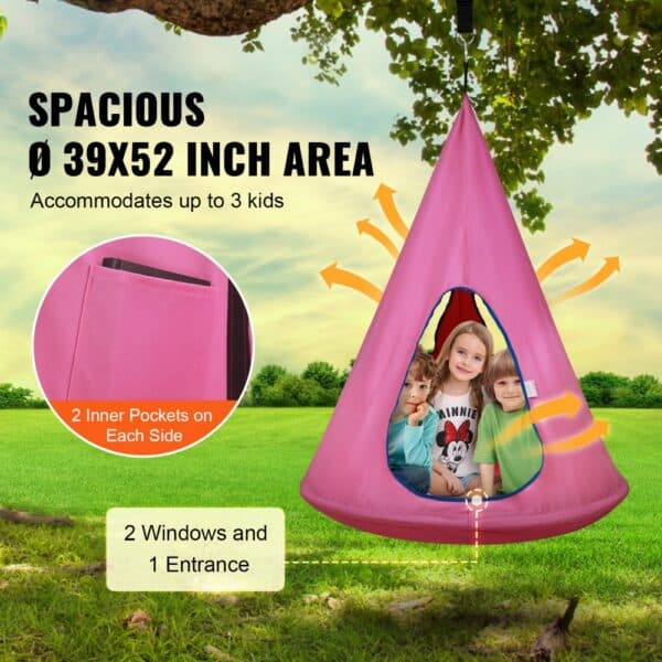 VEVOR pink hanging tent, spacious ø 39x52 inch area, accommodates 3 kids, 2 pockets.