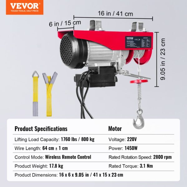 VEVOR Electric Hoist, 1760 lbs Lifting Capacity, 1450W 220V Electric Steel Wire Winch with Wireless Remote Control, 40ft Single Cable Lifting Height & Pure Copper Motor, for Garage Warehouse Factory