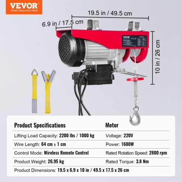 VEVOR Electric Hoist, 2200 lbs Lifting Capacity, 1600W 220V Electric Steel Wire Winch with Wireless Remote Control, 40ft Single Cable Lifting Height & Pure Copper Motor, for Garage Warehouse Factory