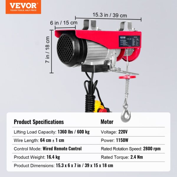 VEVOR Electric Hoist, 1320 lbs Lifting Capacity, 1150W 220V Electric Steel Wire Winch with 14ft Wired Remote Control, 40ft Single Cable Lifting Height & Pure Copper Motor, for Garage Warehouse Factory