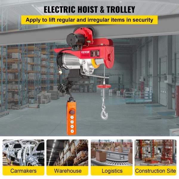 VEVOR 800Kg/1700Lbs Electric Trolley Hoist 1300W Electric Hoist Winch Double 12M/40Ft , Electric Hoist Electric Forklift Steel Pallet Holder Lever Garage Hoist