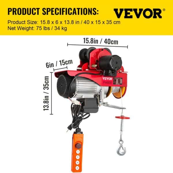 VEVOR 800Kg/1700Lbs Electric Trolley Hoist 1300W Electric Hoist Winch Double 12M/40Ft , Electric Hoist Electric Forklift Steel Pallet Holder Lever Garage Hoist