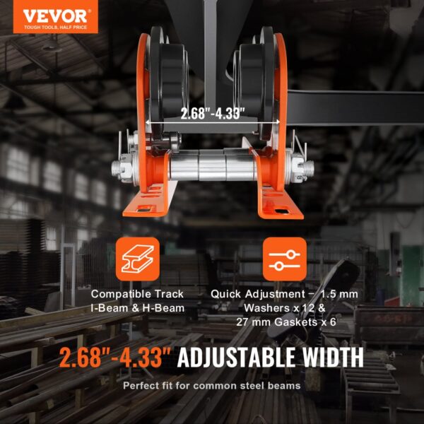 VEVOR electric hoist trolley on a steel beam, showing adjustable width range of 2.68"-4.33".