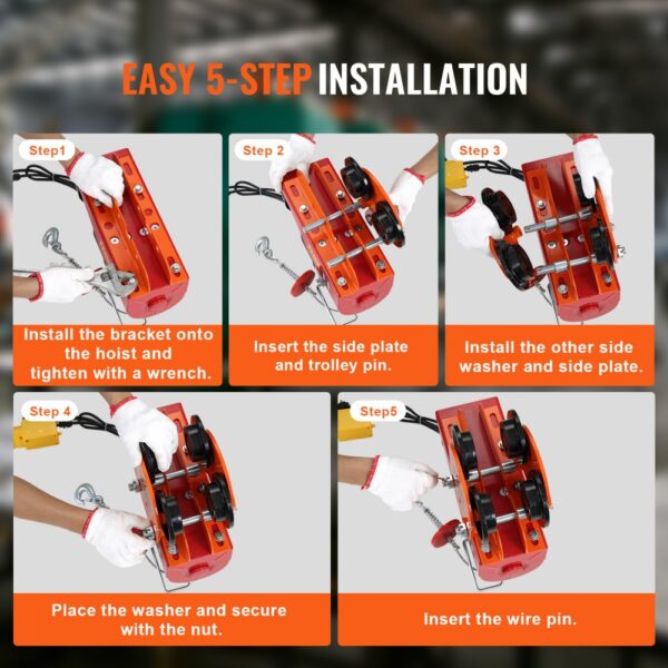 easy 5-step installation guide for the VEVOR electric hoist trolley, featuring orange components and white gloves.