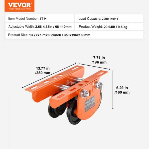 VEVOR electric hoist trolley, model 1t-h, adjustable width, load capacity 2200 lbs, product dimensions shown.