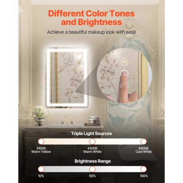 VEVOR LED Bathroom Mirror 3 Colors Anti-fog Wall Mounted Vanity Mirror 50 x 70cm