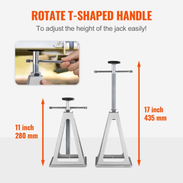 VEVOR rv stabilizer jacks with adjustable t-shaped handle, heights 11 inch and 17 inch, 280 mm and 435 mm.