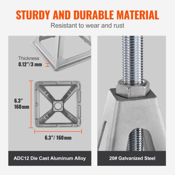 sturdy VEVOR rv stabilizer jacks, 6.3" adc12 aluminum base, 20# galvanized steel, 0.12" thickness.