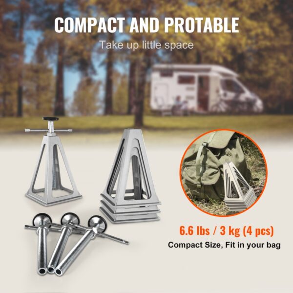 VEVOR rv stabilizer jacks, 6.6 lbs compact stackable design, with rv in the background.