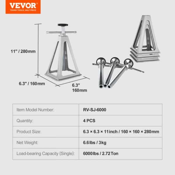 VEVOR rv stabilizer jacks, model rv-sj-6000, set of 4, 6000lbs capacity, dimensions 6.3"x6.3"x11".