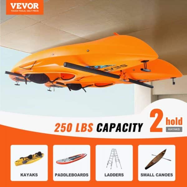 VEVOR kayak ceiling storage rack holding two orange kayaks with 250 lbs capacity. suitable for paddles.