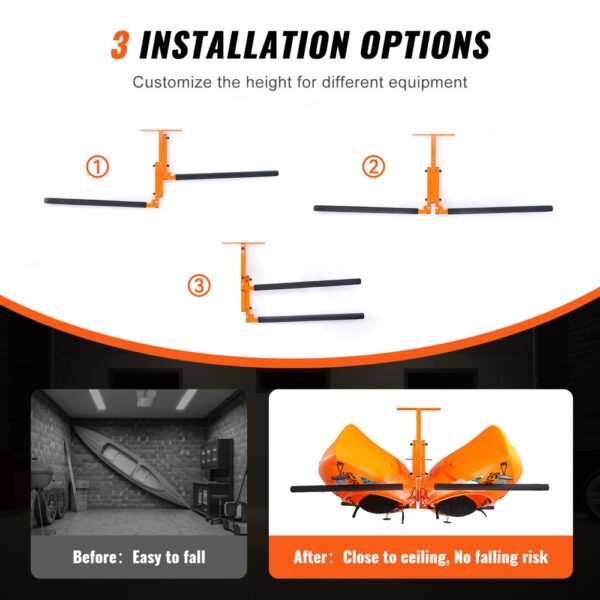 three installation options for VEVOR kayak ceiling storage rack, before-and-after usage comparison.