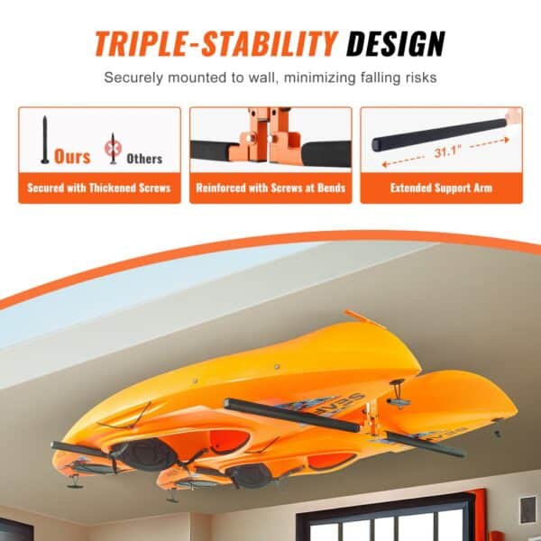 VEVOR kayak ceiling storage rack with triple-stability design securely holding two orange kayaks.