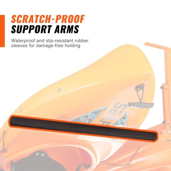 VEVOR kayak ceiling storage rack with scratch-proof support arms and rubber sleeves for safe holding.