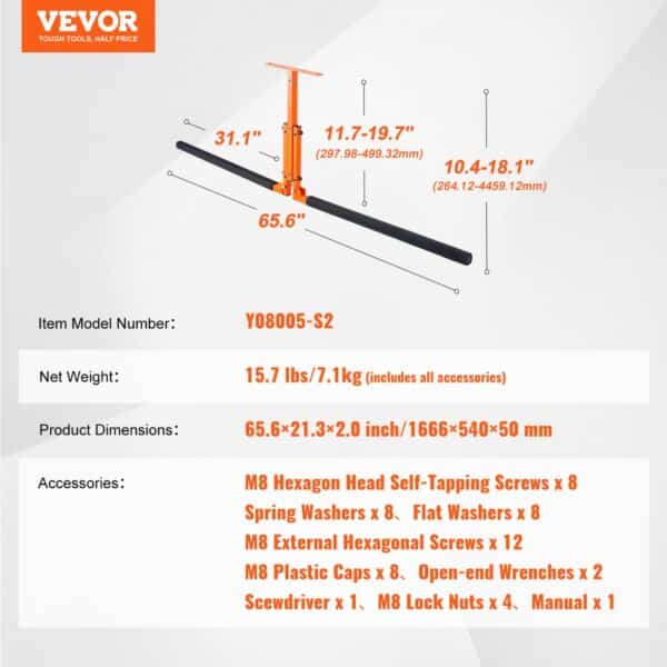 VEVOR kayak ceiling storage rack dimensions and accessories, model number y08005-s2, weight 15.7 lbs.