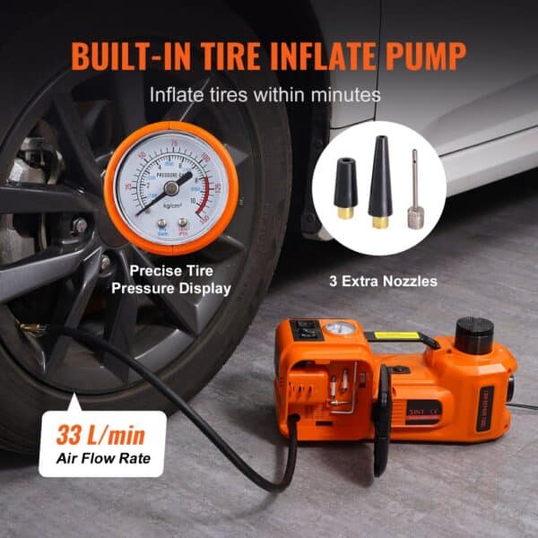 VEVOR electric car jack with built-in tire inflate pump, pressure display, and 3 extra nozzles.