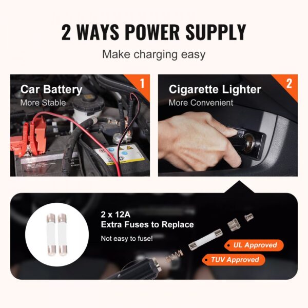 VEVOR electric car jack with dual power supply options: car battery or cigarette lighter, includes extra fuses.