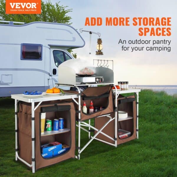 VEVOR Camping Kitchen Table, Folding Outdoor Cooking Table with Storage Carrying Bag, Aluminum Cook Station 3 Cupboard & Detachable Windscreen, Quick Set-up for Picnics, BBQ, RV Traveling, Brown