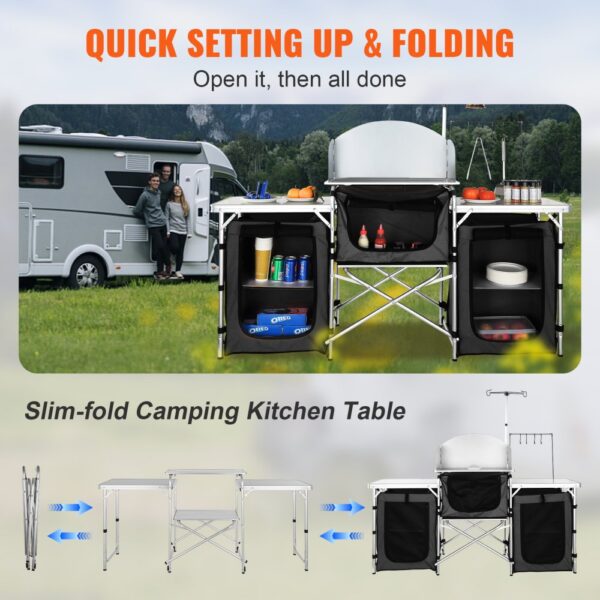 VEVOR camping kitchen table showcasing storage shelves, set near an rv, easy setup, and folding design.