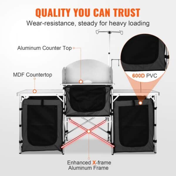 quality and durable VEVOR camping kitchen table; aluminum countertop and enhanced x-frame aluminum frame.