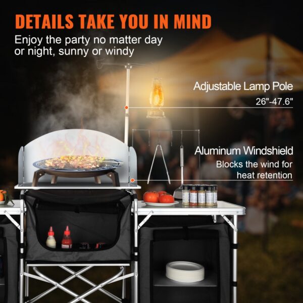 VEVOR camping kitchen table with adjustable lamp pole, aluminum windshield, and various cooking supplies.