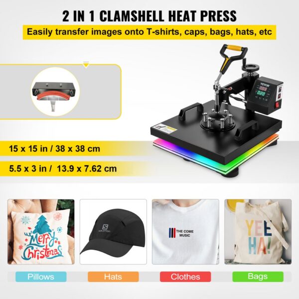 VEVOR Heat Press Machine, 15x15inch / 38x38cm, 2IN1 Clamshell Sublimation Transfer Printer with Teflon Coating, Digital Precise Heat Control, Powerpress for T-shirts Hats Caps