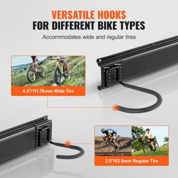 VEVOR bike storage rack hooks for different bike types, accommodating wide and regular tires.