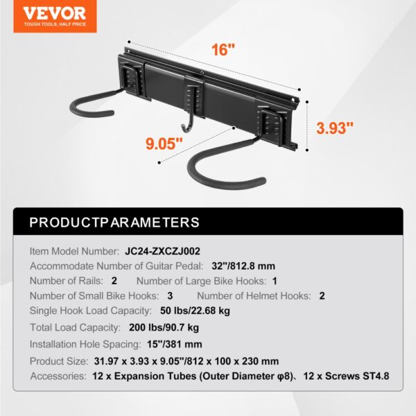 VEVOR bike storage rack dimensions and specifications; 16" length, 9.05" depth, 3.93" height. lightweight.
