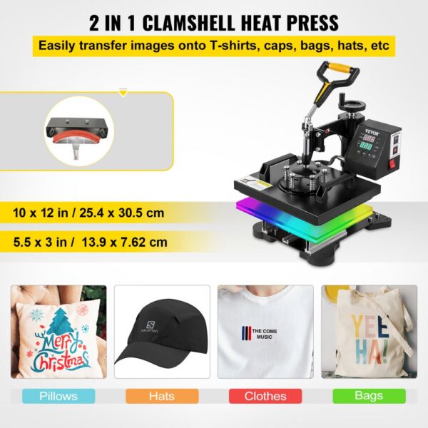 VEVOR Heat Press Machine, 10x12inch / 25x30cm, 2IN1 Clamshell Sublimation Transfer Printer with Teflon Coated, Digital Precise Heat Control, Powerpress for T-Shirt Hat Cap