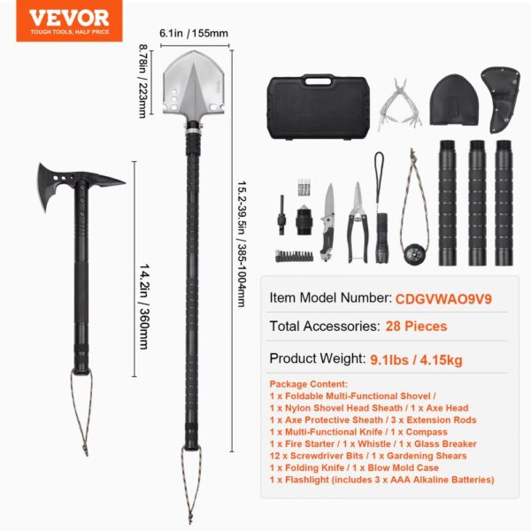 VEVOR Survival Shovel Survival Axe 28-in-1 Camping Folding Shovels with Hatchet