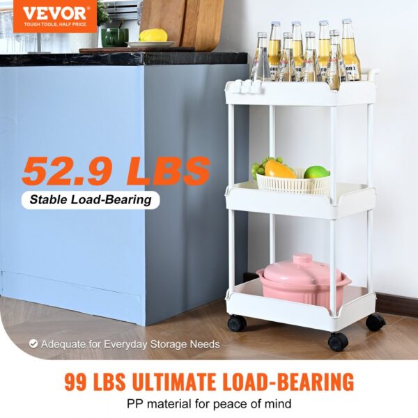 VEVOR rolling utility cart in kitchen, holding bottles, fruits, and a pot, showing 52.9 lbs load-bearing.