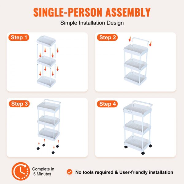 single-person assembly steps for VEVOR rolling utility cart, complete in 5 minutes, no tools required.