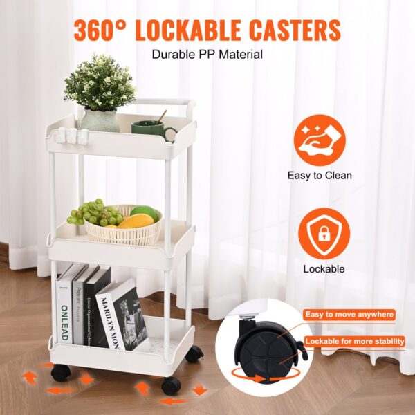 white VEVOR rolling utility cart with 360° lockable casters, durable pp material, books, and fruit basket.