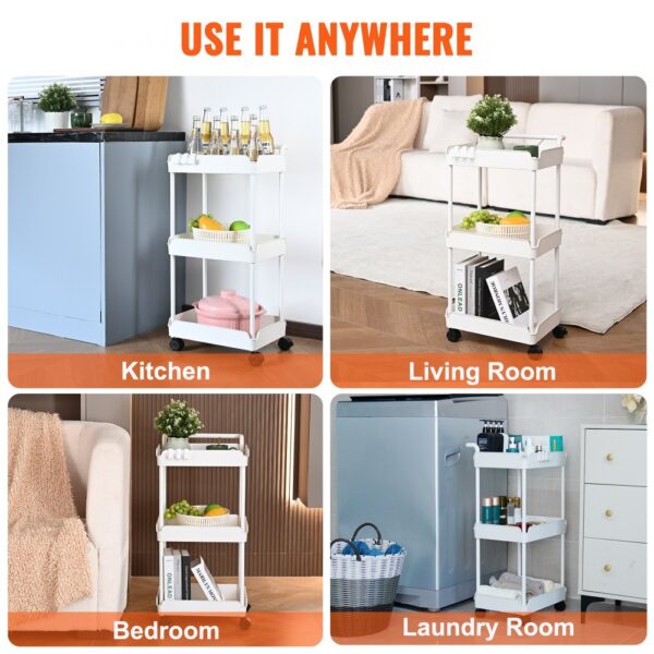 VEVOR rolling utility cart in kitchen, living room, bedroom, and laundry room, showcasing versatility.