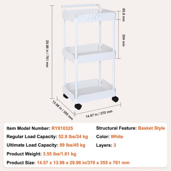 white 3-layer VEVOR rolling utility cart, basket style, model ry810325, 14.57"x13.98"x29.96", load 99 lbs.