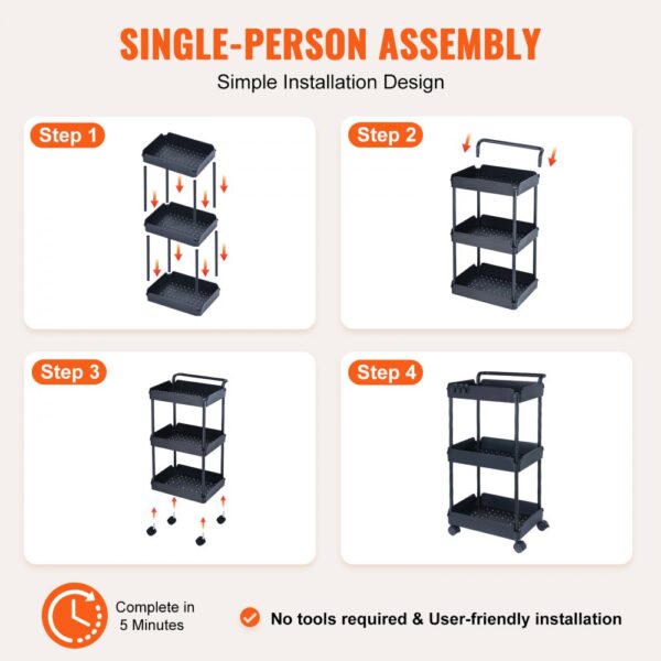 VEVOR 3-tier rolling utility cart assembly steps: stack trays, add handle, attach wheels. simple and quick.