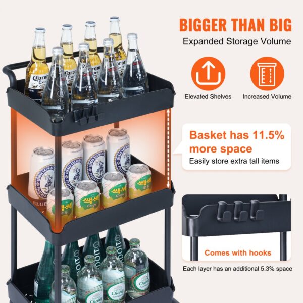 VEVOR 3-tier rolling utility cart with beverages on shelves, showcasing elevated and increased storage volume.