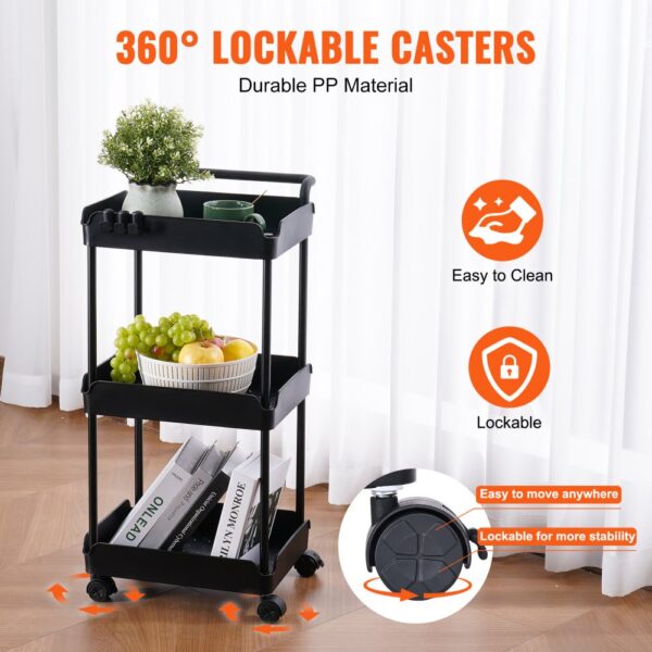 VEVOR 3-tier rolling utility cart with 360° lockable casters, holding plants, fruits, and books.