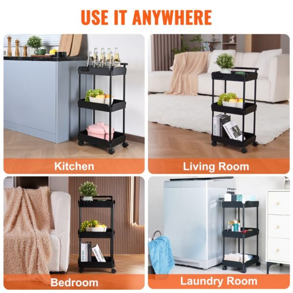 VEVOR 3-tier rolling utility cart used in kitchen, living room, bedroom, and laundry room.