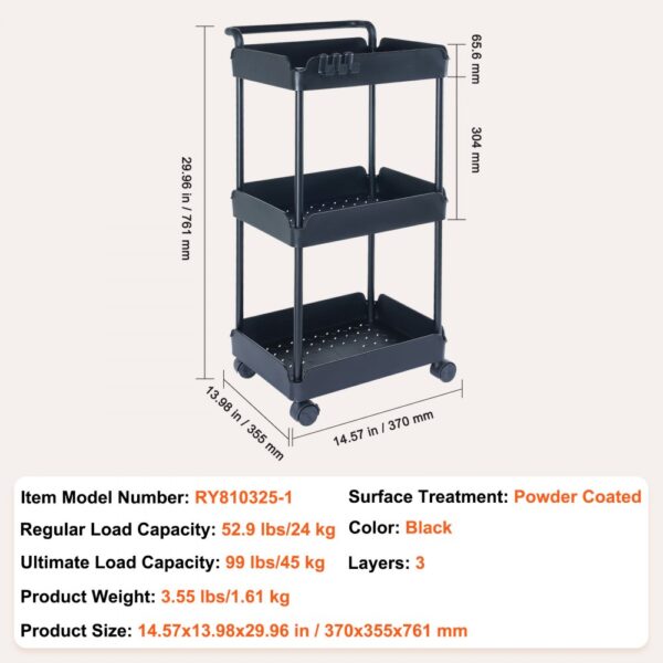 black VEVOR 3-tier rolling utility cart with dimensions and load capacities detailed in text.